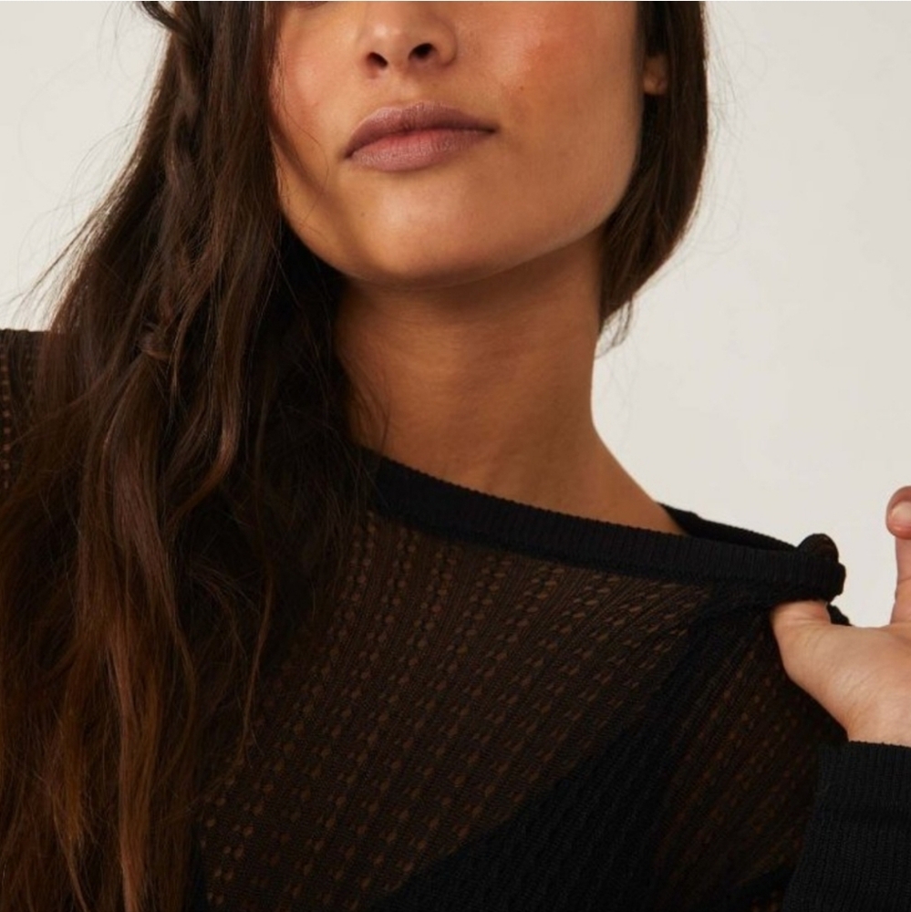 NWOT Free People H20 Crew Sheer Top ~ Black ~ XL - Picture 3 of 6